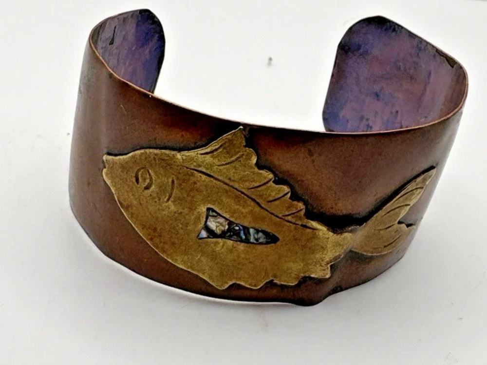 Vintage Handcrafted Arts & Crafts Copper Cuff Bracelet Fish Brass Abalone Accent